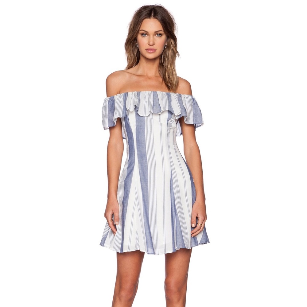Revolve Capulet Spanish Shoulderless Mini Dress in Blue Stripe